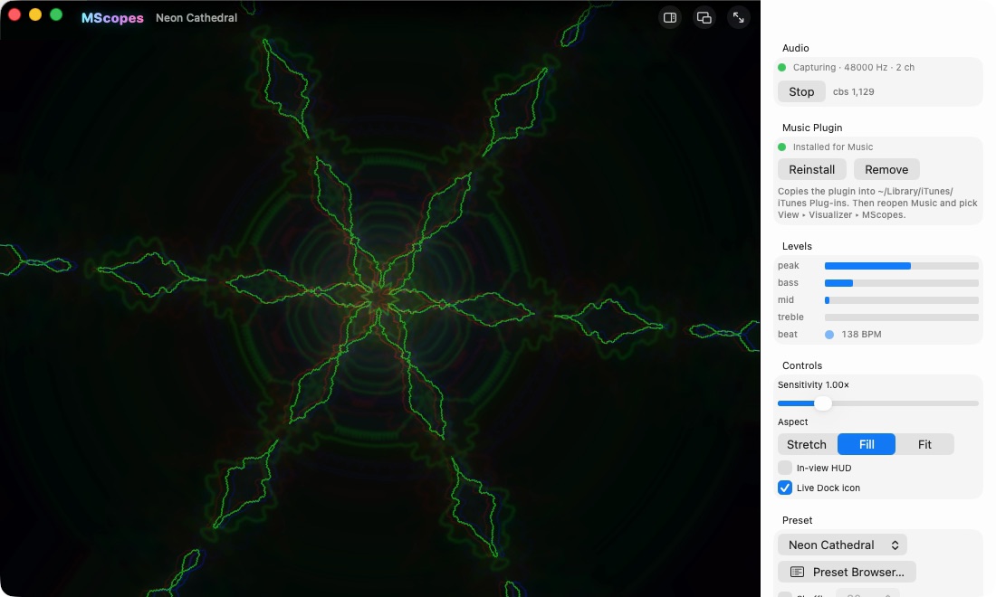 The MScopes window with its preset sidebar